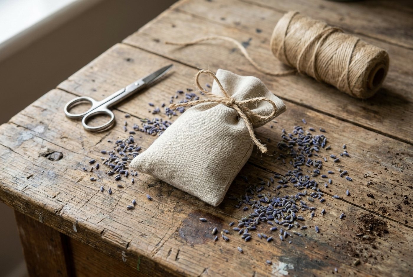 Linen lavender drawer sachet tied with twine on a weathered workbench, loose dried lavender, small scissors and a spool of twine