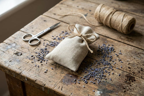 Linen lavender drawer sachet tied with twine on a weathered workbench, loose dried lavender, small scissors and a spool of twine