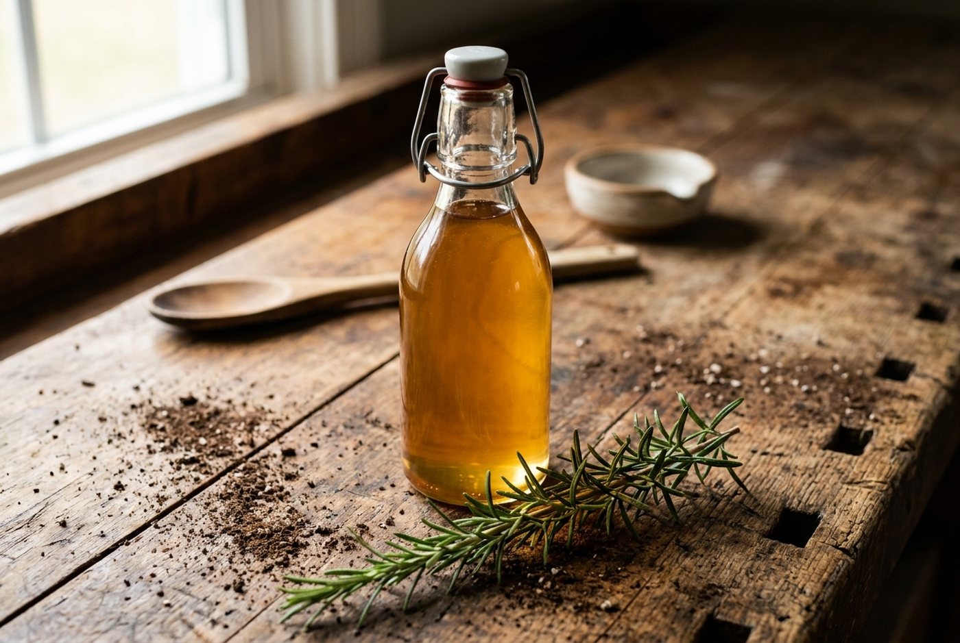 Spanish Rosemary Simple Syrup in a clear swing-top bottle on a weathered workbench, a fresh rosemary sprig beside it
